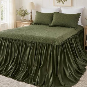 $123 Brandream Queen Size Bedspread Set 100% Cotton   Olive Green Vintage Floral Vine Bedding, Oversized 60x80  30in Drop, All-Season Coverlet with 2 Standard Shams