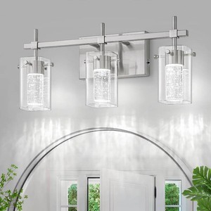 3-Light Brushed Nickel Vanity Light with 3 Color Modes (3000K4000K6000K),Dimmable Modern Wall Light Over Mirror, LED Bathroom Light Fixture with Clear Glass Shade