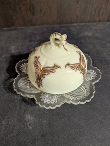 Vintage Covered Dish & Pressed Glass Tray Set