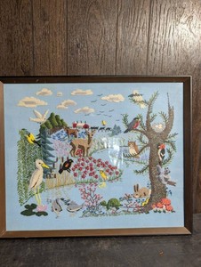 Framed Hand-Embroidered Woodland Wildlife Scene