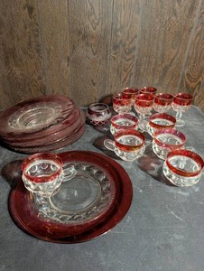 Ruby Glass Tea Set With Plates and Cut-Glass Bowl
