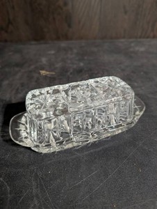 Clear Glass Covered Butter Dish Faceted Floral Pattern