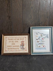 Framed Needlepoint Minnesota Map & Humorous Saying (Lot of 2)