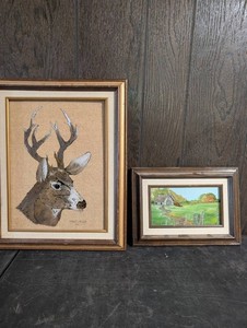 Framed Deer Portrait & Countryside Landscape Artwork