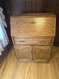 Oak Drop-front Secretary Desk With Drawers and Cabinet