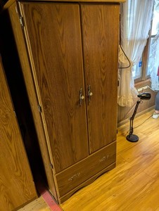 Wood-Finish Wardrobe Armoire With Hanging Rod and Drawer