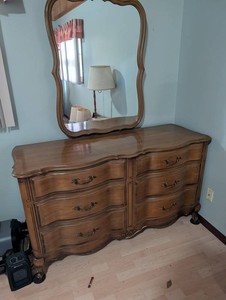 Ornate Wood Dresser With Attached Framed Mirror