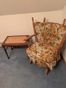 Floral Upholstered Armchair & Cane-Top Side Table