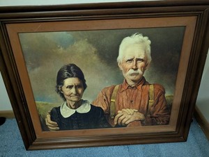 Signed Portrait Painting of Elderly Couple in Ornate Wood Frame