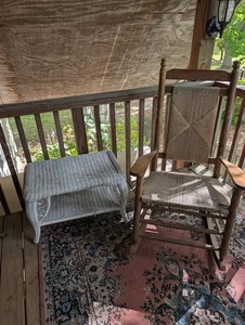 Wooden Rope Rocking Chair & Wicker Ottoman Mixed Lot