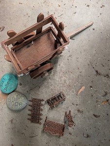Wooden Cart, Cast Iron Decor & Painted Stones Mixed Lot