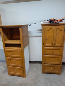 Pair of Wood Storage Cabinets - Drawers & Upper Compartments