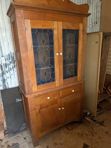 Oak China Cabinet With Leaded Glass Doors