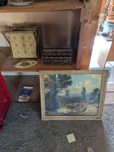 Framed Pastoral Landscape, Carved Organizer & Magazine Rack Mixed Lot