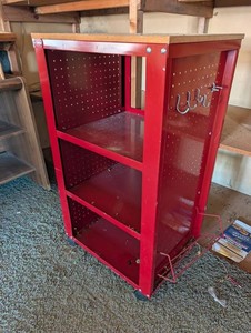 Red Rolling Tool Cart With Pegboard Sides and Wood Top