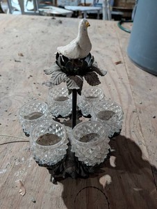 Decorative Six-Cup Faceted Glass Bowl Stand With Bird Finial