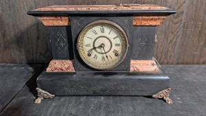 Antique Ornate Black Mantel Clock With Marbled Inlay