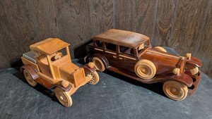 Mixed Lot Framed Artwork & Handcrafted Wooden Cars - 4 Pieces