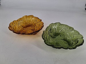 Pressed Glass Fruit Motif Plates - Amber & Green (Lot of 2)