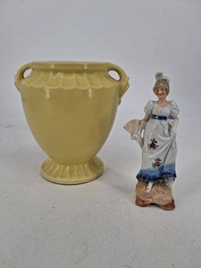 Mixed Lot Yellow Ceramic Urn & Porcelain Lady Figurine