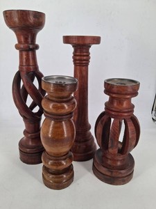Carved Wooden Candle Holder Set - 5 Designs (Lot of 5)