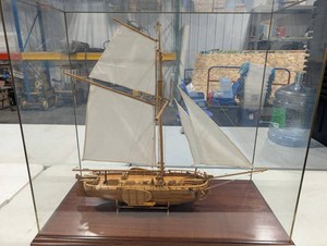 Hand Built Wooden Sailing Ship Model in Glass Display Case