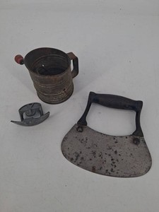 3-Piece Mixed Lot Hand-Crank Sifter, Cleaver & Cast-Metal Decor