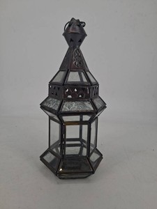 Indian Metal Hanging Candle Lantern With Glass Panels