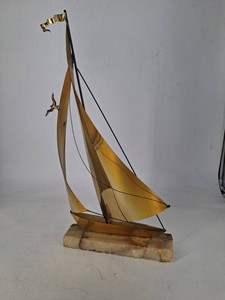 Brass Sailboat Sculpture With Bird Motif 22in