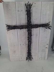 Rustic Wooden Cross With Barbed Wire Overlay