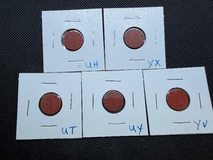 Five WWII Red Point Ration Tokens (UT, UY, YV, UH, YX)