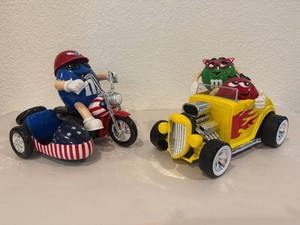 M&Ms Freedom Rider Motorcycle with Side Car & Rebel Without A Clue Yellow Hot Rod Candy Dispensers