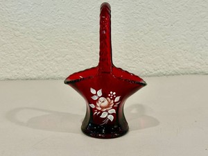 Westmoreland Ruby Red Glass Basket Hand PaintedSigned