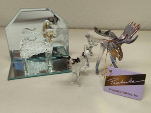 Glass Moose, Small Spun Glass Baby Moose & Spun Glass Dog wMirrored Base