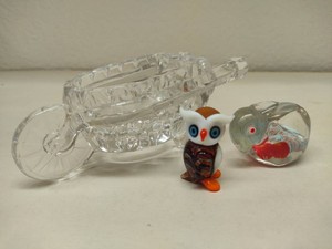 Wheelbarrow, Tiny Owl & Rabbit Glass Decor