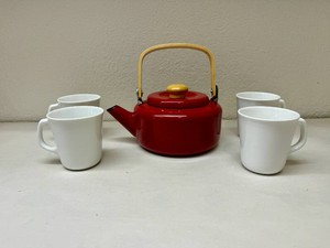 Metal Tea Pot and Four Corelle Cups