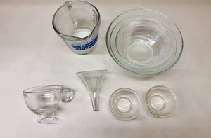 Corning Ware Small Casserole Dish, Duralex Mixing Bowls, Vintage Glass Funnels and more