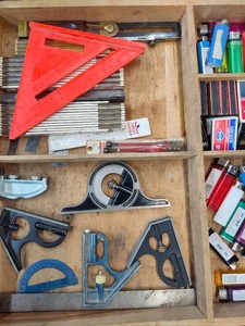 Lot of Protractors, Measuring Tapes, Carpenters Square, Matches & Lighters