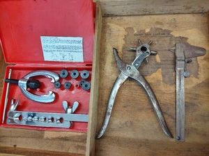 Lot of Double Tube Flaring Kit, Leather Punch, & Vintage Caliper.