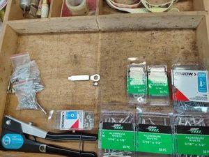 Lot of Pop Rivetool, Grip Fast Rivets, Washers, Carpet Tape, & Fuses