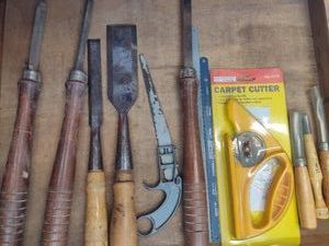 Lot of Craftsman & Assorted Wood Lathes, Carpet Cutter & Misc Wood Carving Tools