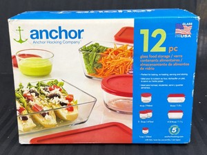 Brand New Anchor Hocking Company, 12 piece glass food storage set with lids
