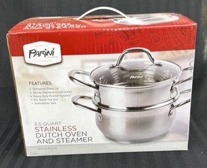 Brand New Parini cookware 3.5 quart stainless Dutch oven and steamer with glass lid