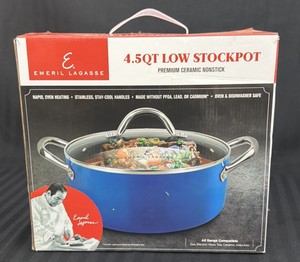 Brand New Emeril Lagasse 4.5 quart low stock pot premium ceramic nonstick with lid