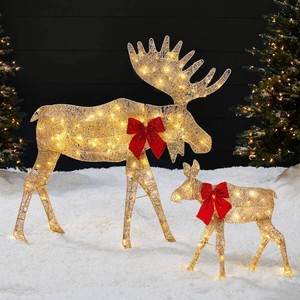 Brand New 4ft 2-Piece Lighted 2D Christmas Moose Set Outdoor Decor w 125 LED Lights, Stakes - Gold