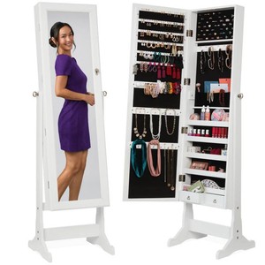 Brand New Full Length Freestanding Jewelry Mirror Armoire w Velvet Interior - White