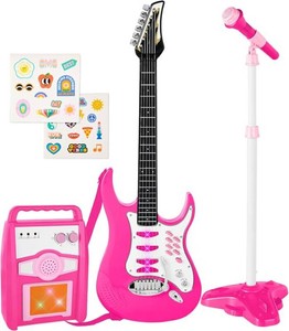 Brand New  Kids Electric Guitar Set with Microphone & Amp, Interactive Musical Toy for Boys & Girls, Lights & Sounds, Demo Songs, AUX Input, DIY Stickers - Pink