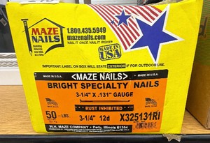 This is a 50 lb box of Maze Nails Bright Specialty Nails  3-14 x .131 gauge (12d common nails), rust inhibited, made in USA.