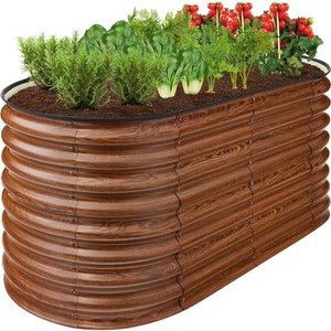 Brand New Outdoor Raised Metal Oval Garden Bed, Planter Box - 4x2x2ft - Wood Grain