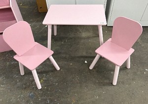 Brand New - This is a kids table and chair set  a pink tabletop with pink  legs, paired with two matching pinkwhite chairs.  Great for a nursery, playroom, or toddler activity area.table is 24 inches wide 16 inches deep 17 inches tall and the chair s